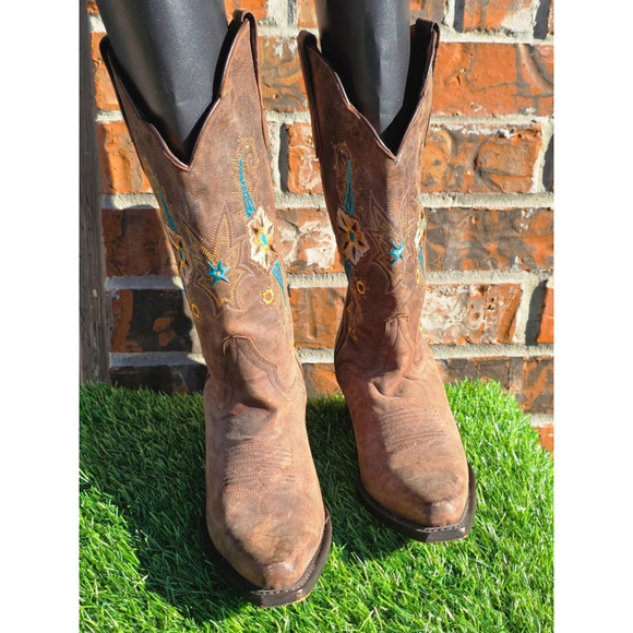 JR Dillon Shoes - JR Dillon Brown Turquoise Embroidered Cowboy Boots Women's Size 7.5